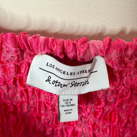 & OTHER STORIES Jacquard Puff Sleeve Belted Mini Dress Pink Sz 6 {D53} - Picture 7 of 8